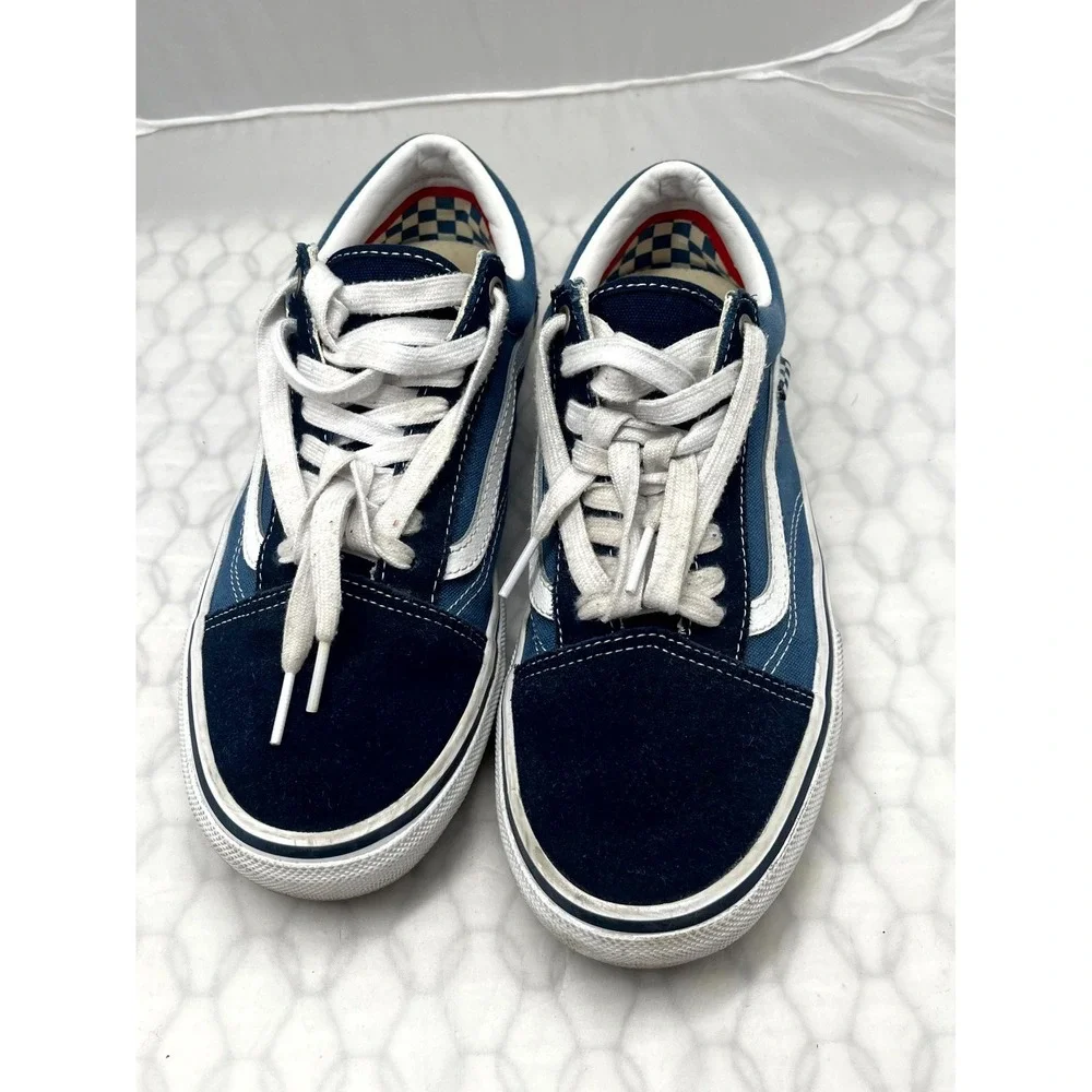 Vans Old Skool Men 9 Sneaker Navy Blue White Low Top Lace Up Skateboarding Shoes